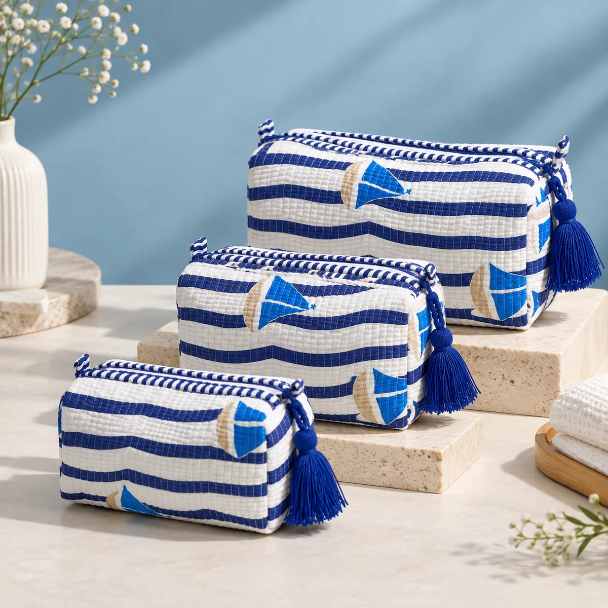 Blue Sailboat 3 Layered Pouches