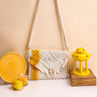 Yellow Striped White Macrame Sling Bag