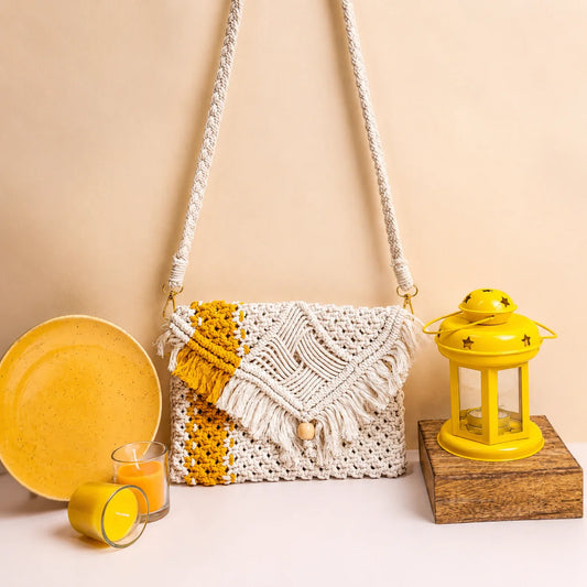 Yellow Striped White Macrame Sling Bag