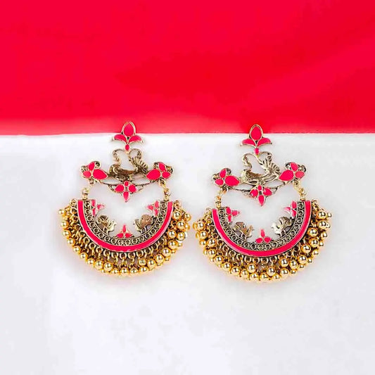 Peacock Pink Enamel Chandbali Earrings