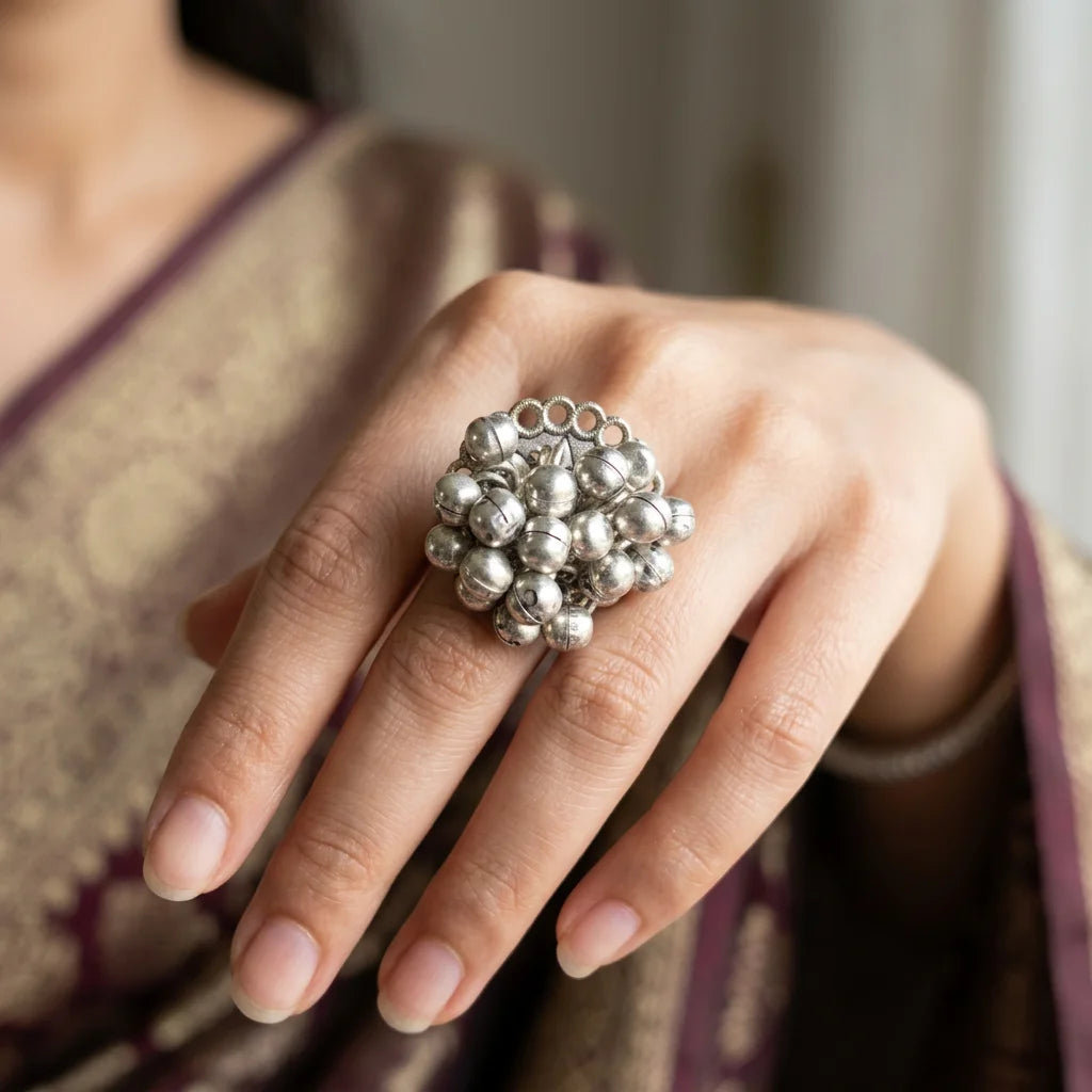 Oxidised silver ghungroo cluster ring with hanging bells for women adjustable
