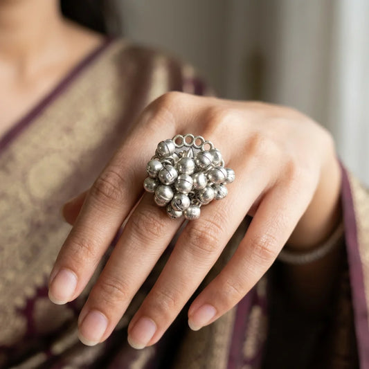 Oxidised silver ghungroo cluster ring with hanging bells for women adjustable

