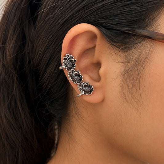 Adjustable oxidised silver ear wrap cuff with triple floral detailing
