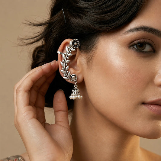 Boho oxidised silver ear wrap with vine design and hanging pearl jhumki
