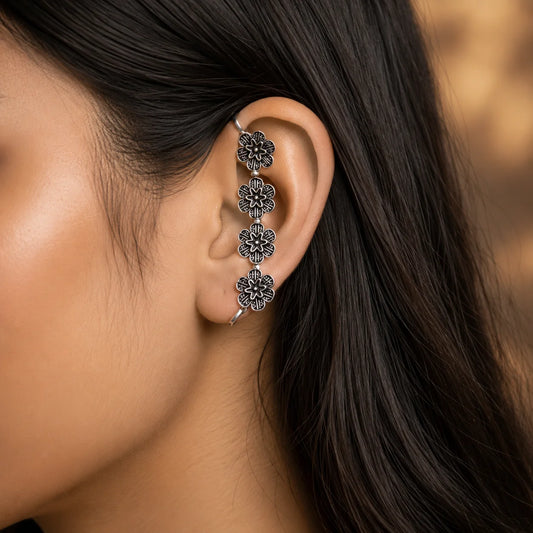  Tribal oxidised ear climber cuff with 4 connected flowers and mesh pattern
