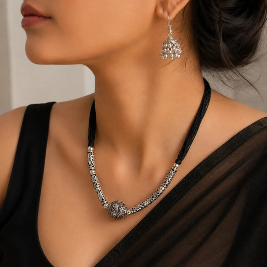  Oxidised silver hasli choker necklace set with jhumki earrings and black thread dori
