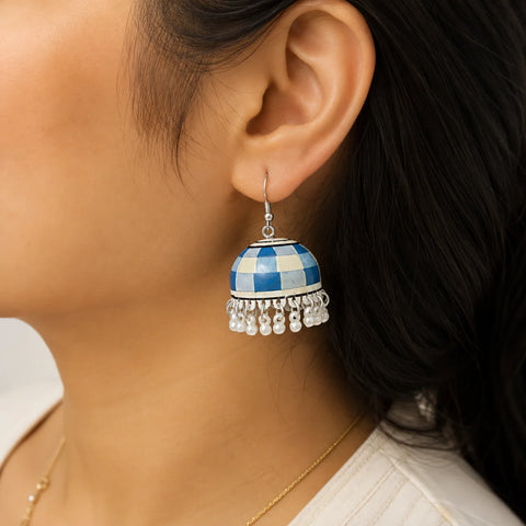 Blue & White Mosaic Meenakari Jhumkas