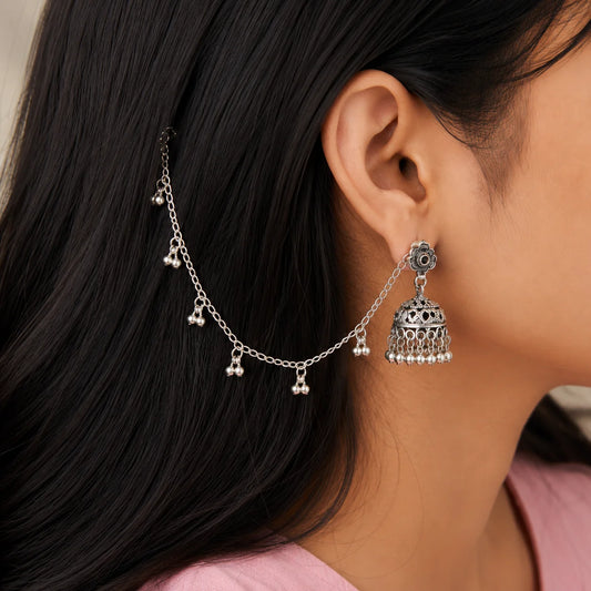 "Oxidised silver-tone long chain 
jhumka earrings with intricate filigree detailing, dangling ghungroo bells, and statement chain accents. Traditional ethnic earrings for women, perfect for weddings, festive celebrations, Navratri, cultural events, boho styling, and Indo-western outfits."
