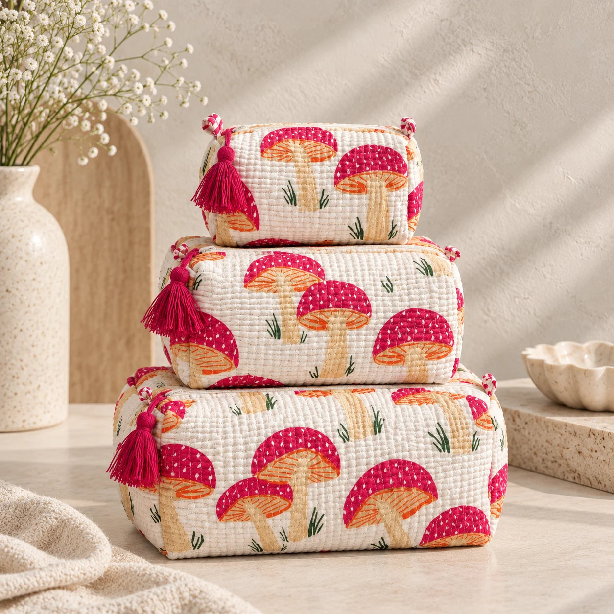Set of three white quilted cotton toiletry bags with pink mushroom print stacked together

