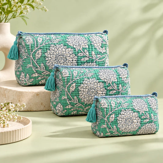"Set of three turquoise 
quilted fabric pouches featuring intricate white floral and botanical prints, with coordinating tassel details and arranged in different sizes."
