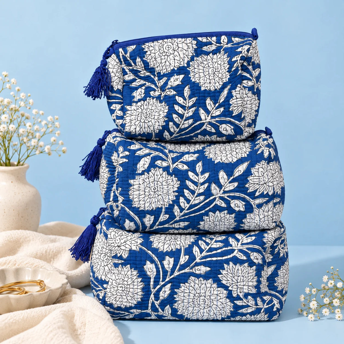 Blue Botanical Pouch Set
