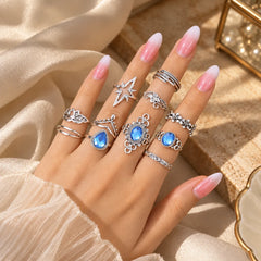 Set of 11 Silver Boho Statement Ring Set