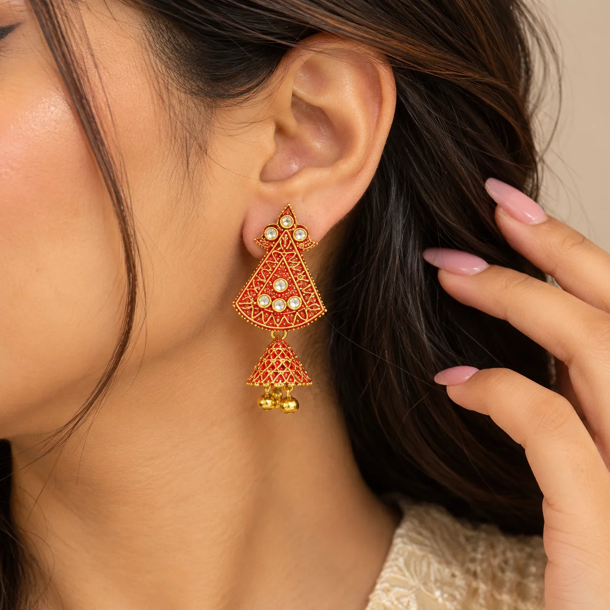 Red Ethnic Embellished Jhumka Earrings