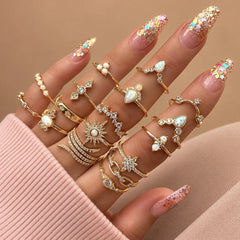 Set of 17 Golden Celestial Statement Rings Combo