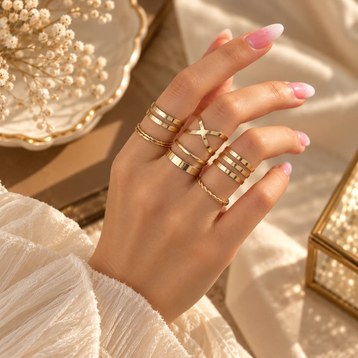 Set Of 8 Golden Geometric Rings Combo