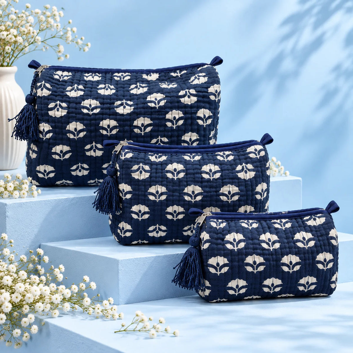 Classic Blue & White Floral Pouch Set