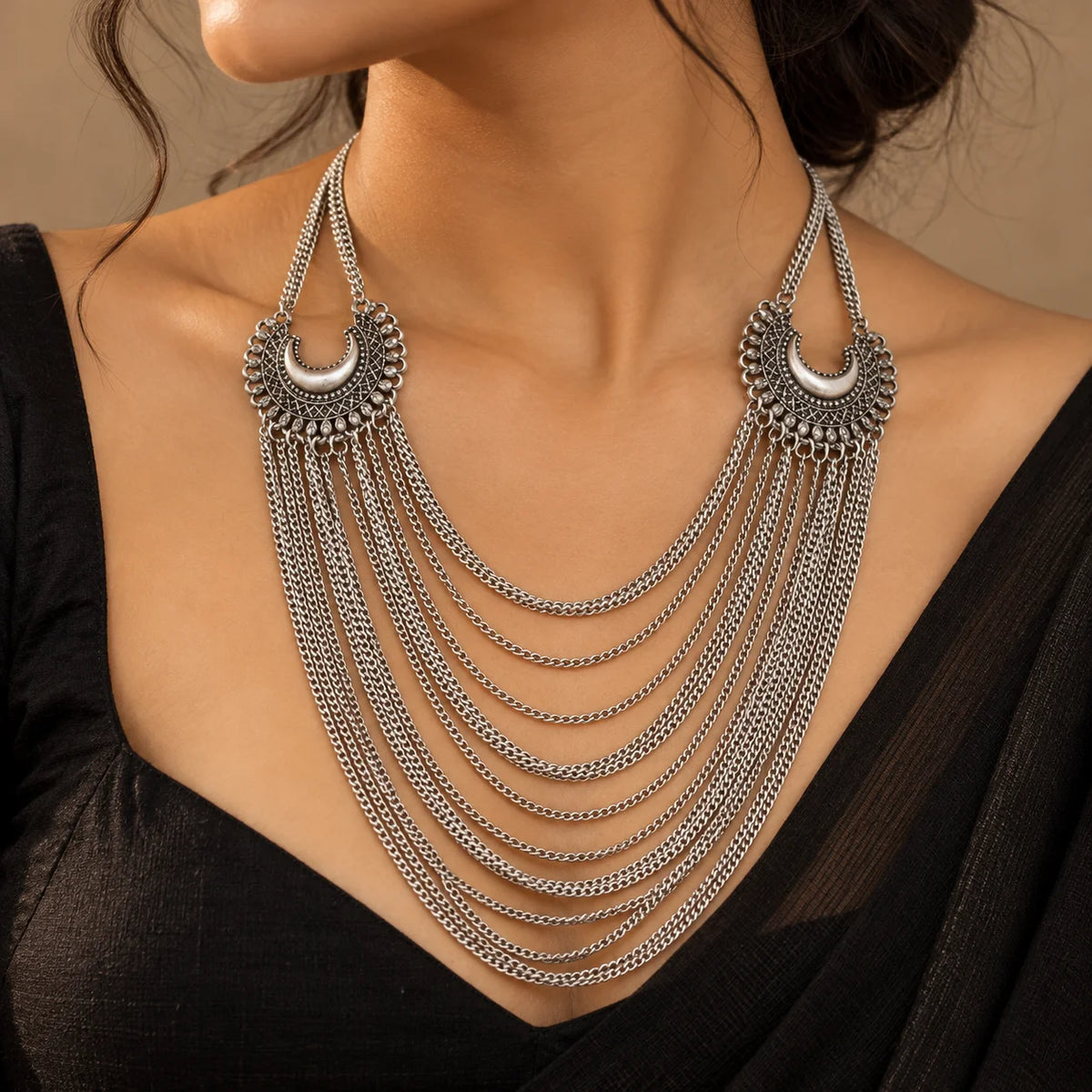 Oxidised Silver Cascade Necklace