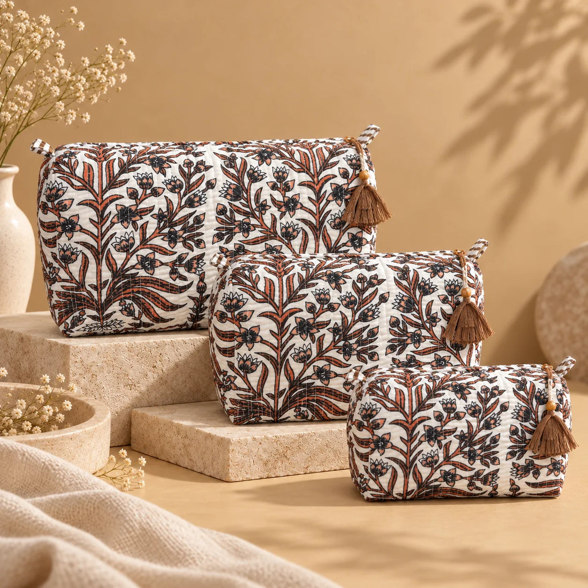 Cream fabric pouch featuring brown botanical floral prints, a brown tassel, and a zip closure.