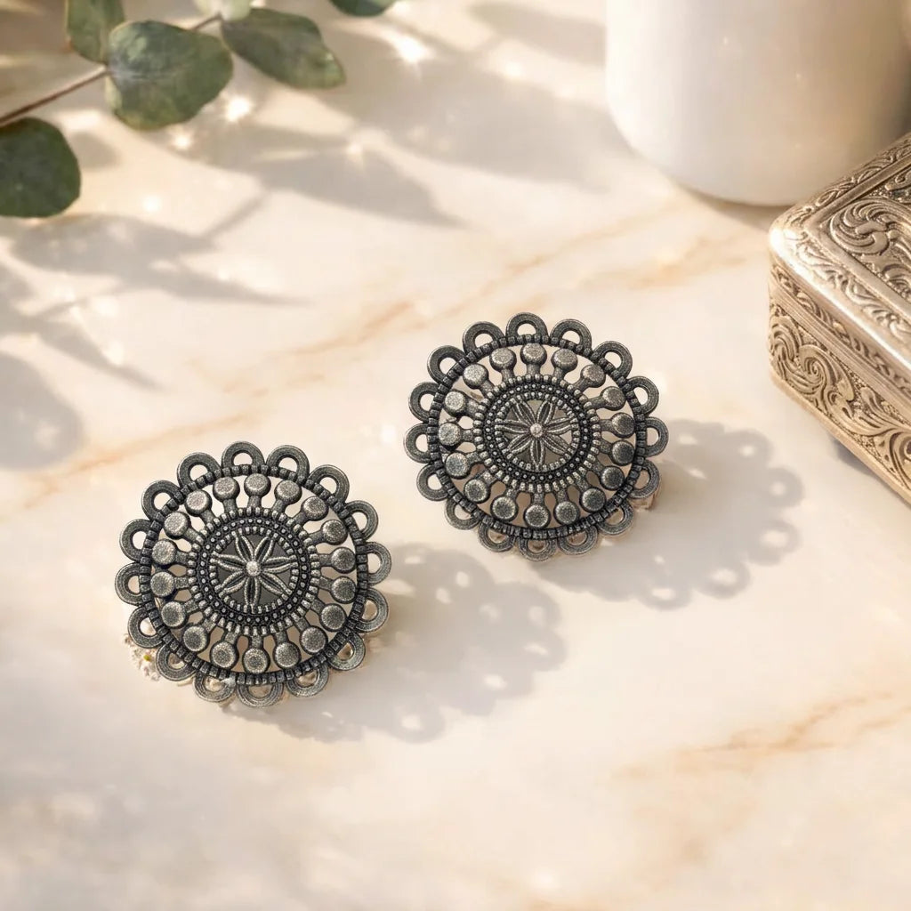 Black Oxidised Sunburst Stud Earrings