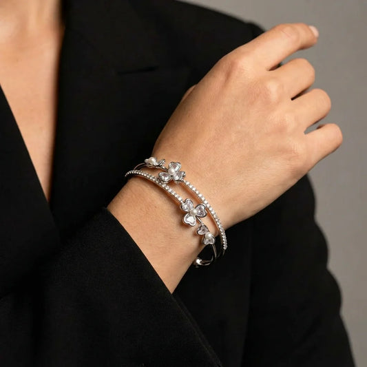 Floral Pearl Cuff Bracelet - Rhodium Plated