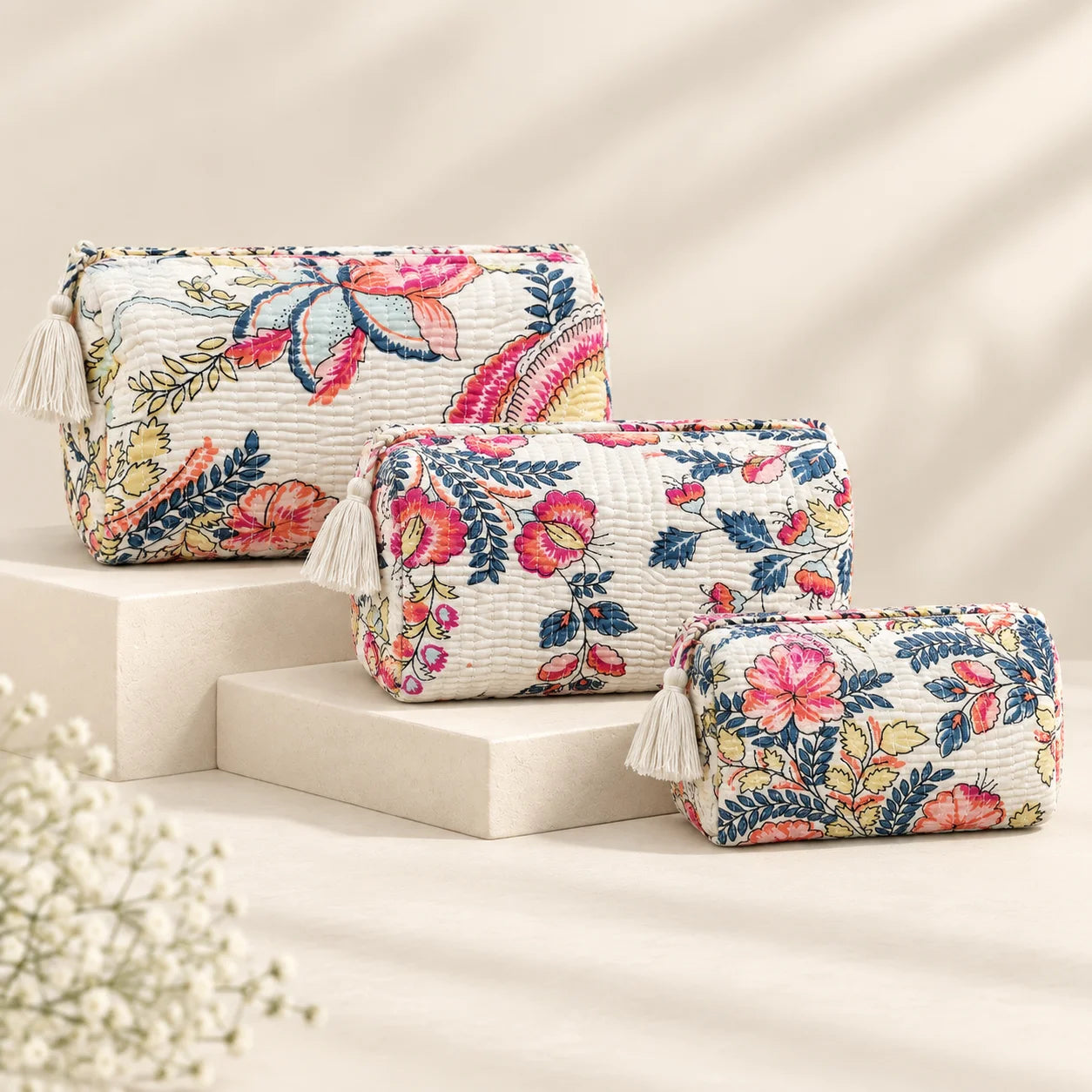 "Set of quilted fabric
 pouches with a white base and colorful floral and botanical prints in pink, blue, green, coral, and yellow, featuring decorative tassel accents."
