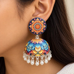 "Multicolored floral jhumka
 earrings featuring layered blue, peach, purple, and cream flower motifs, finished with delicate white bead danglers."
