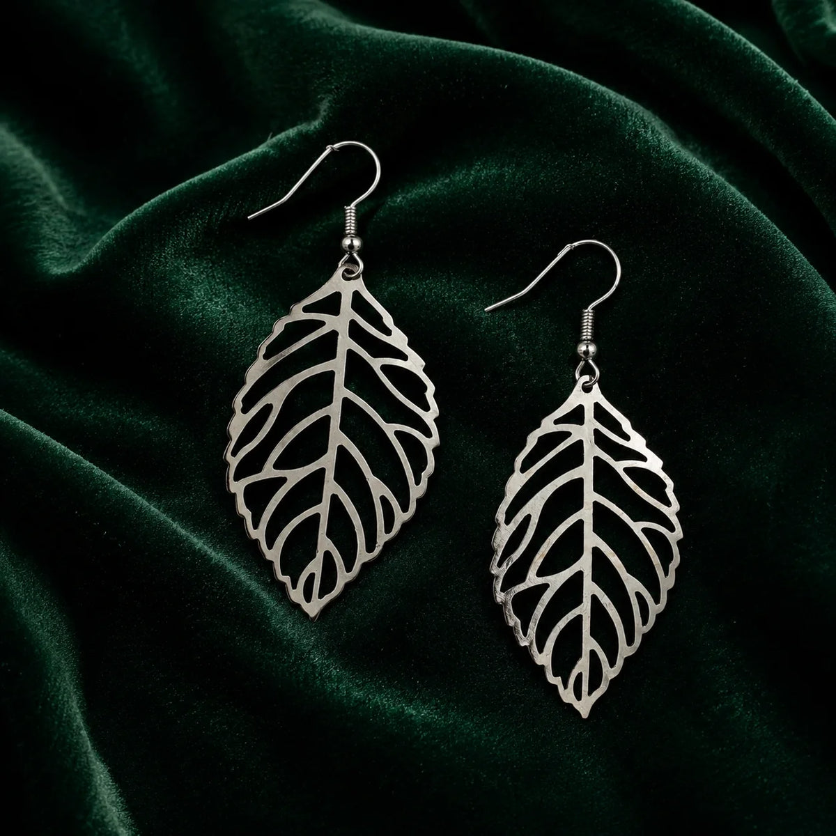 Silver Hollow Leaf Dangle  Earrings