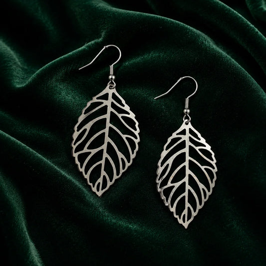 Silver Hollow Leaf Dangle  Earrings