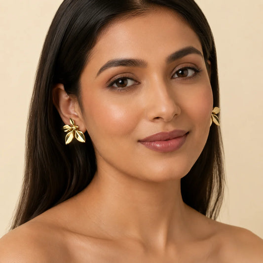  Demi fine 18K gold plated petal stud earrings with dimensional mirror polish
