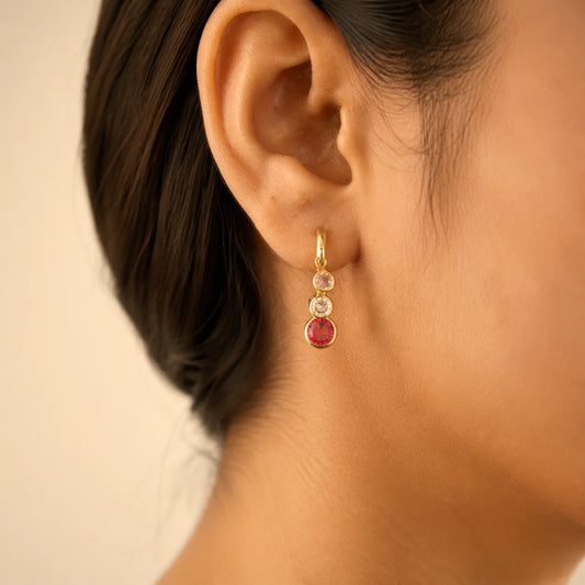  Golden crystal charm hoop earrings with red pink clear dangling drops
