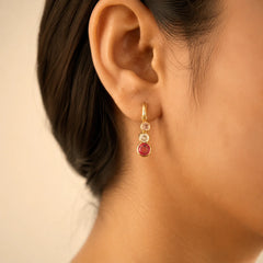 Golden crystal charm hoop earrings with red pink clear dangling drops
