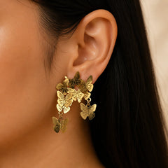 18K gold plated butterfly cluster stud earrings with dangling drops for women
