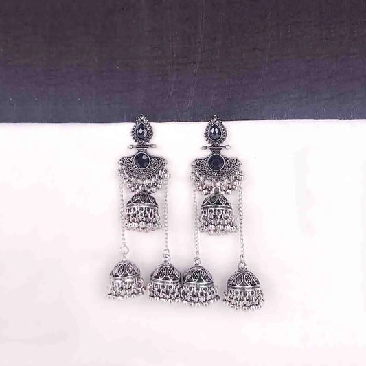 Oxidised Black Triple Jhumka Earrings