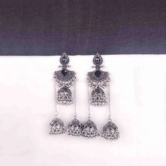 Oxidised Black Triple Jhumka Earrings