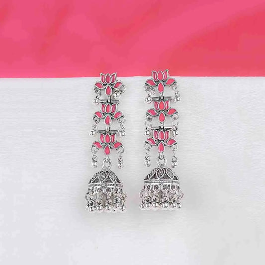 Silver Pink Lotus Jhumka Earrings