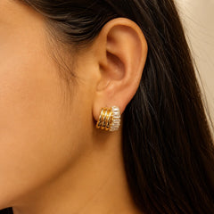 18K gold plated baguette half hoop stud earrings with layered tubes for women.
