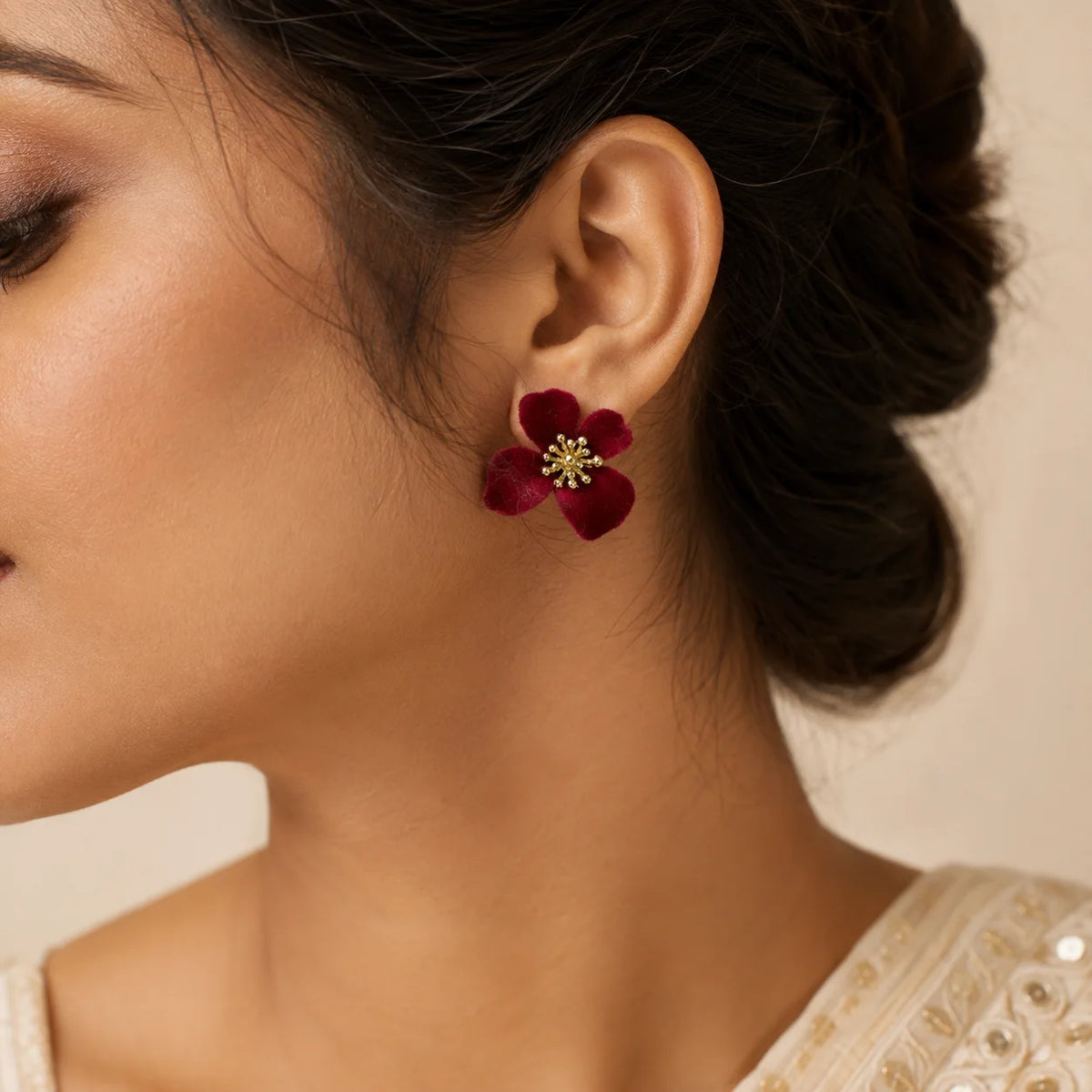 Maroon velvet petal stud earrings with textured gold metal center western
