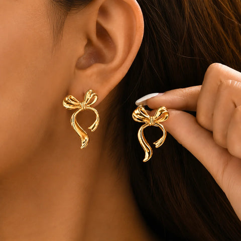 Bow Ribbon Statement Stud Earrings - 18K Gold Plated