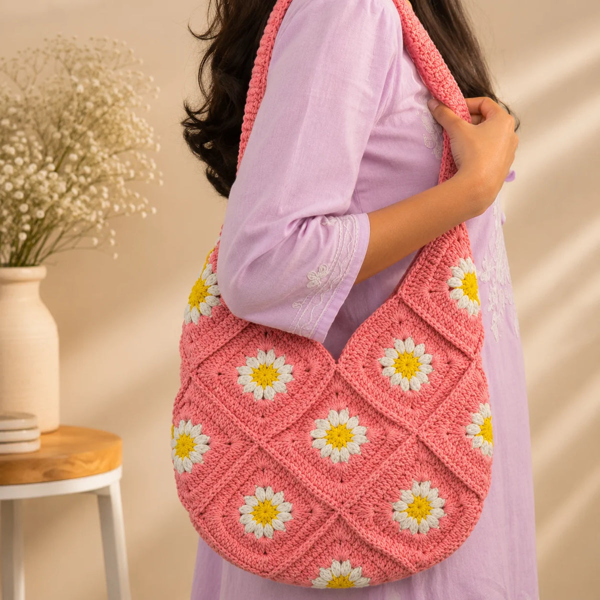 Blush Pink Daisy Crochet Shoulder Bag