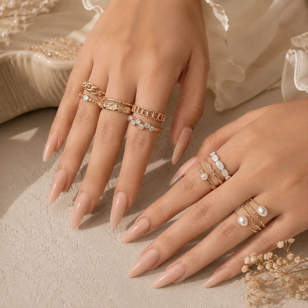 "Golden ring combo for
 women featuring pearl accents, textured bands, crystal details and modern stackable designs."

