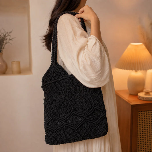 Black Macrame Tote Bag