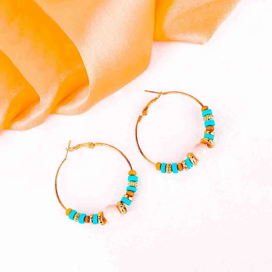 Turquoise and Peach Circular Beaded Hoop Earrings