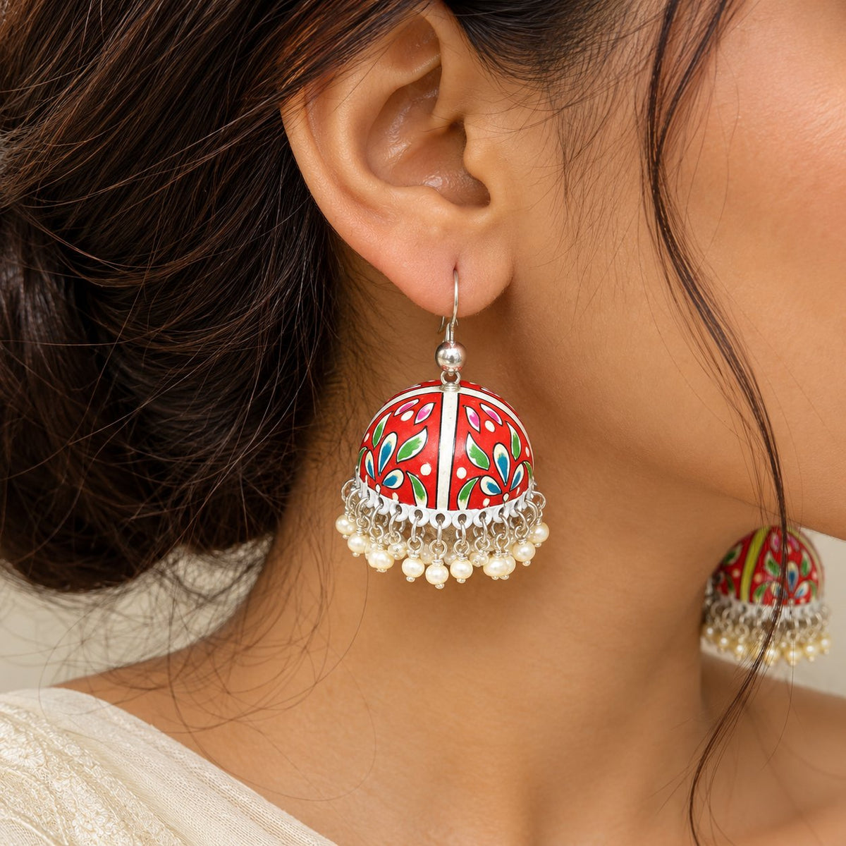 Red Floral Meenakari Jhumkas