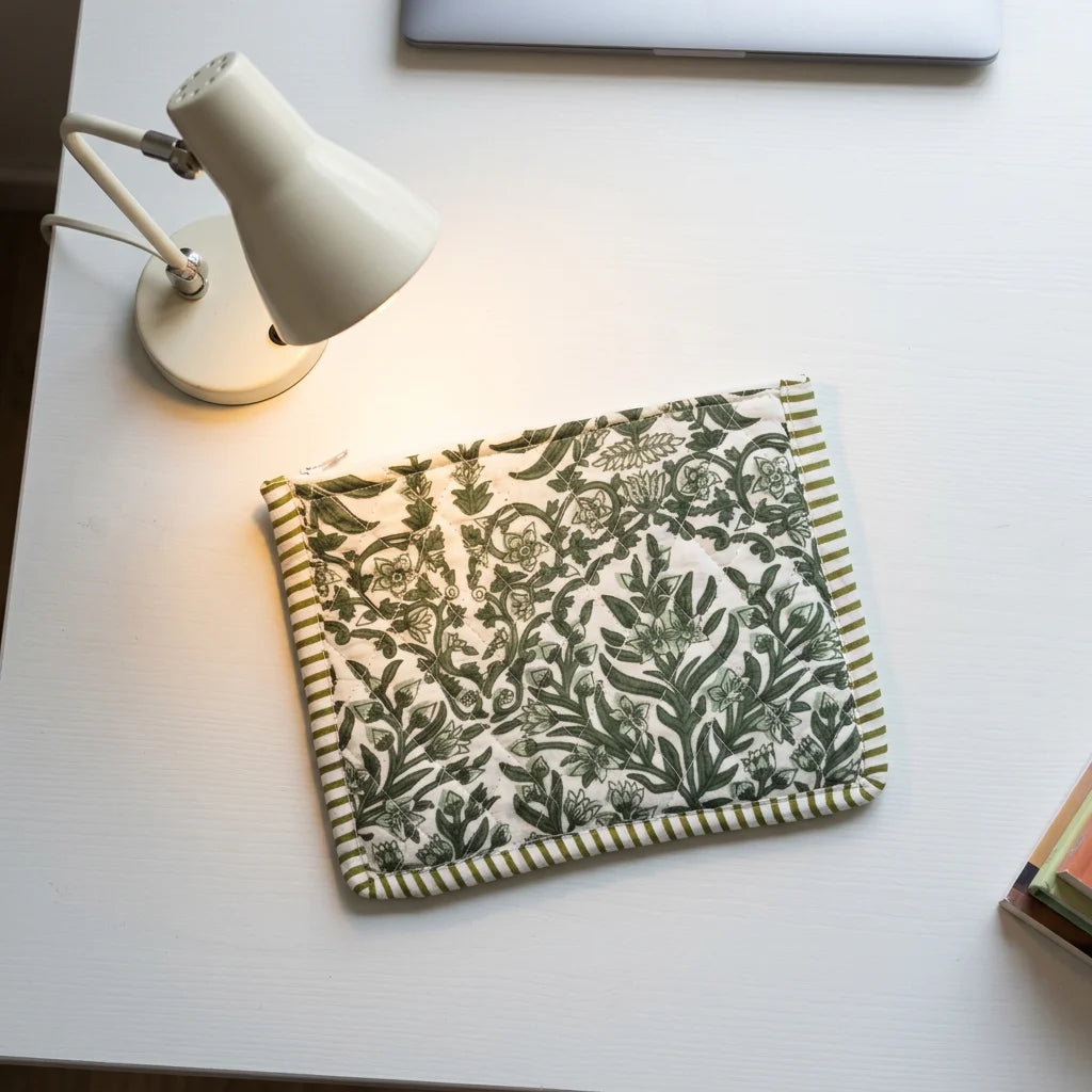 "Green and white quilted 
pouch featuring an intricate botanical print with leaves and flowers, finished with a green-and-white striped border and zip closure."
