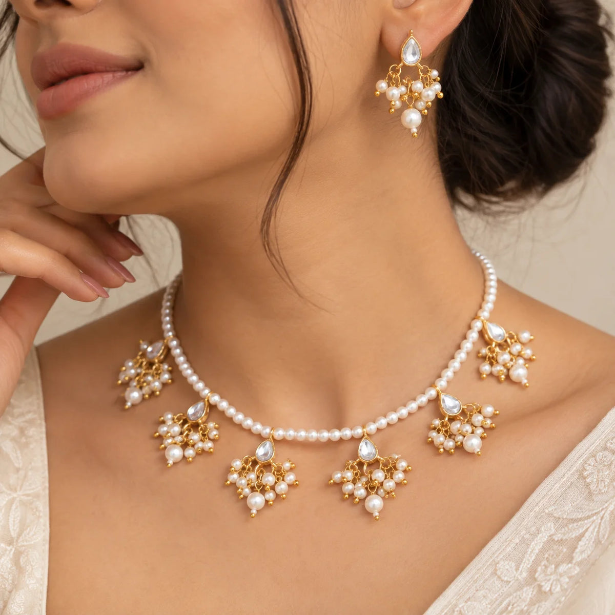 Pearl & Kundan Drop Necklace Set