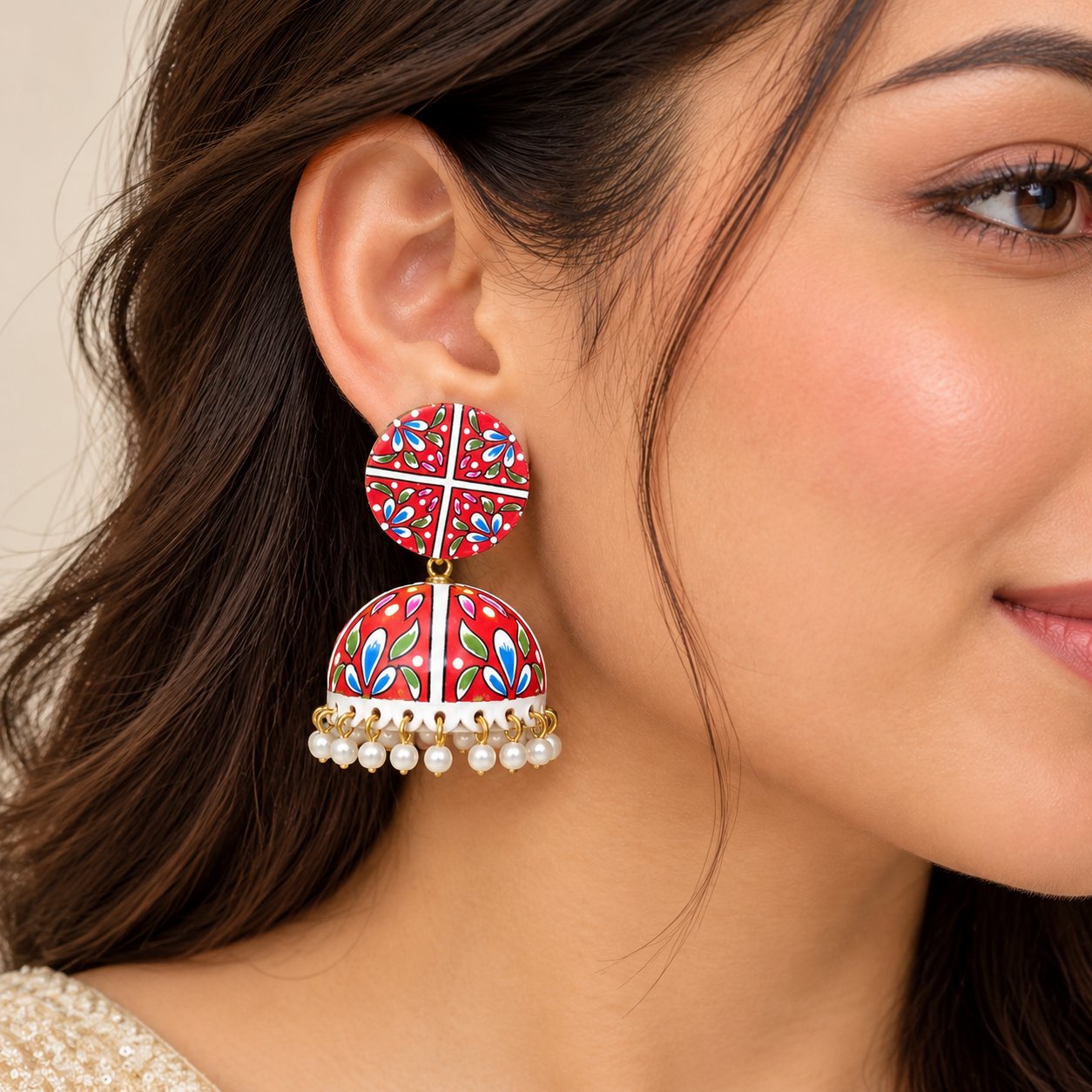 Red Meenakari jhumka earrings featuring colourful floral patterns, matching round tops, gold-tone detailing, and dangling pearl charms.
