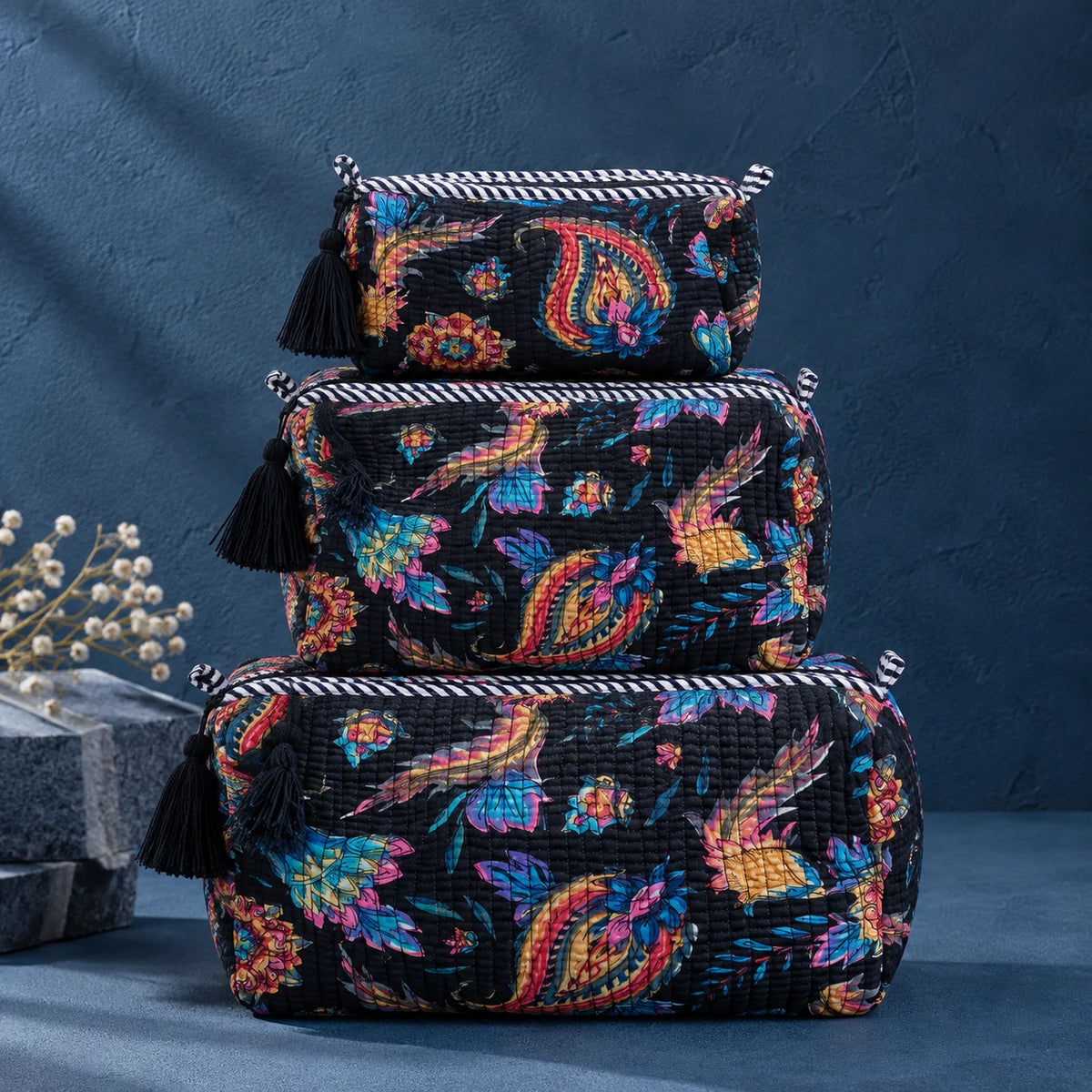 Black Floral 3 Layered Pouches