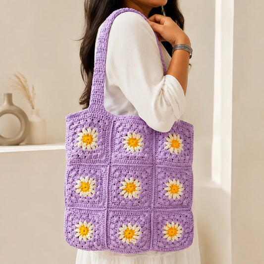 "Lavender crochet bag 
featuring white and yellow daisy flower motifs, a textured handmade design, and matching crochet handles."
