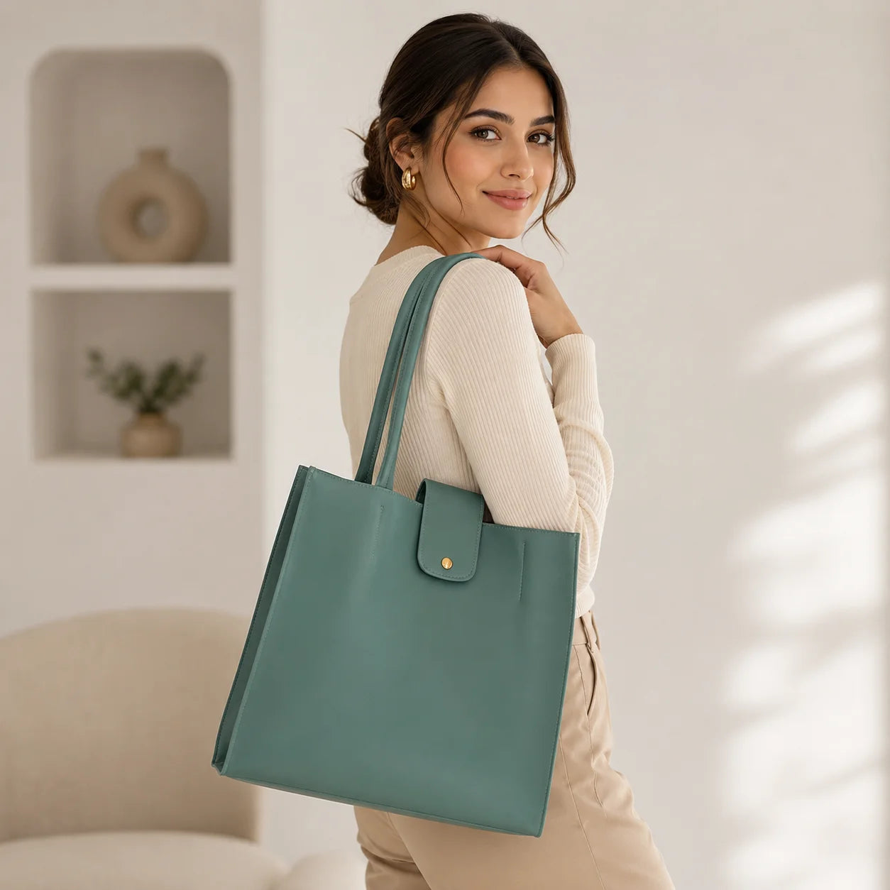 "Teal green structured 
tote bag with long handles, a front flap closure, and a subtle gold-tone button detail."
