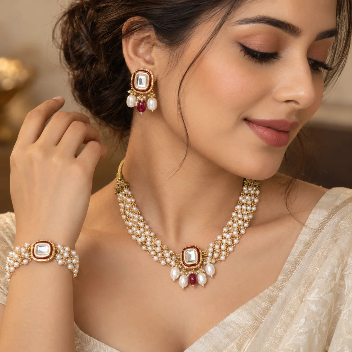 Red & Pearl Kundan Necklace & Bracelet Set
